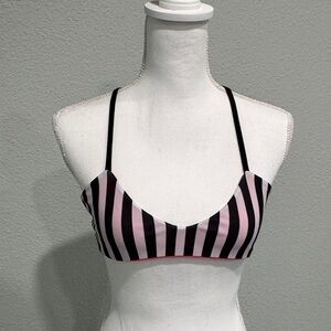 Striped Pink and Black Bikini Top with Thin Black Straps